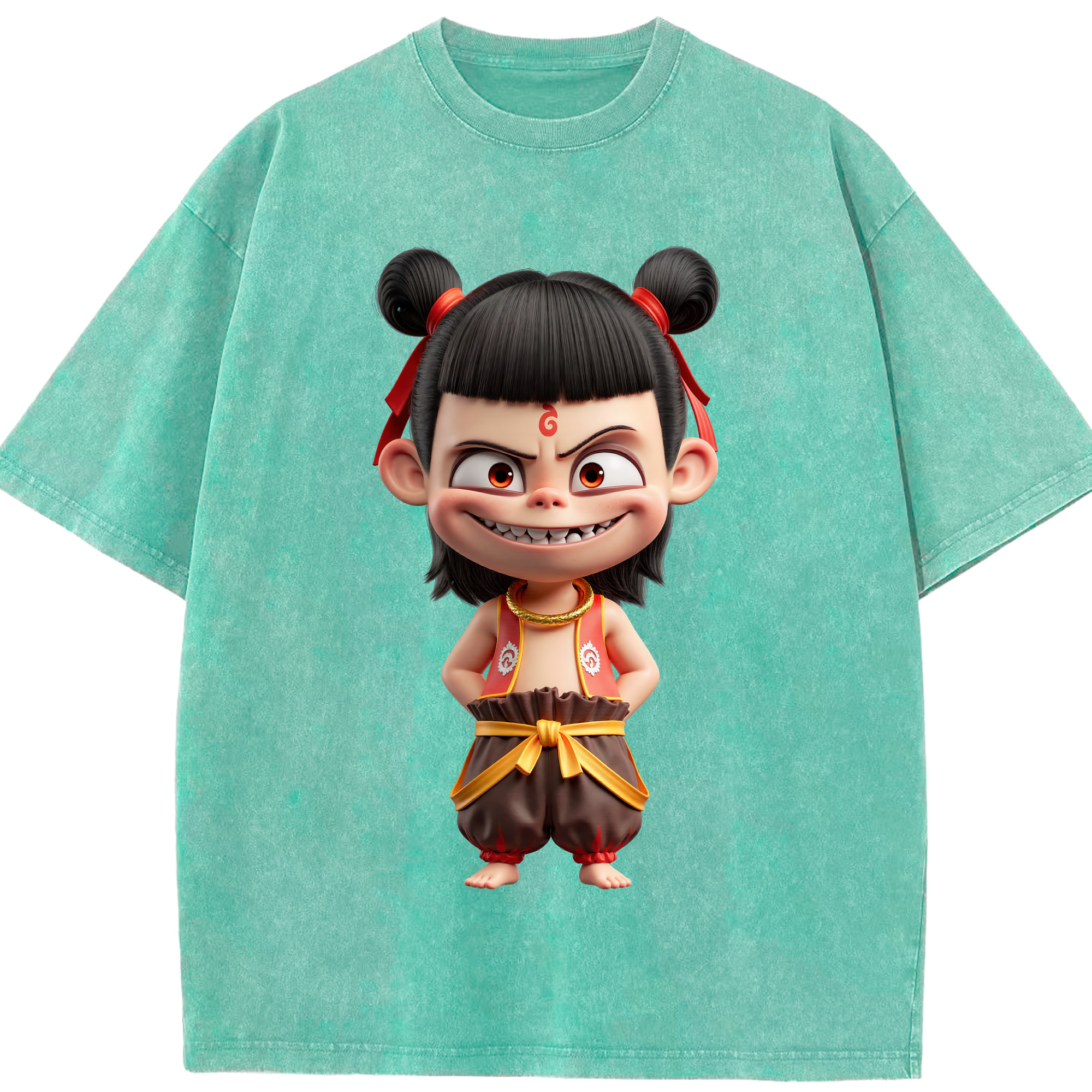 （画像用） Ne Zha 2 ナタ 魔童の大暴れ 綿100% ヴィンテージ風 半袖Tシャツ（フロントプリント）
